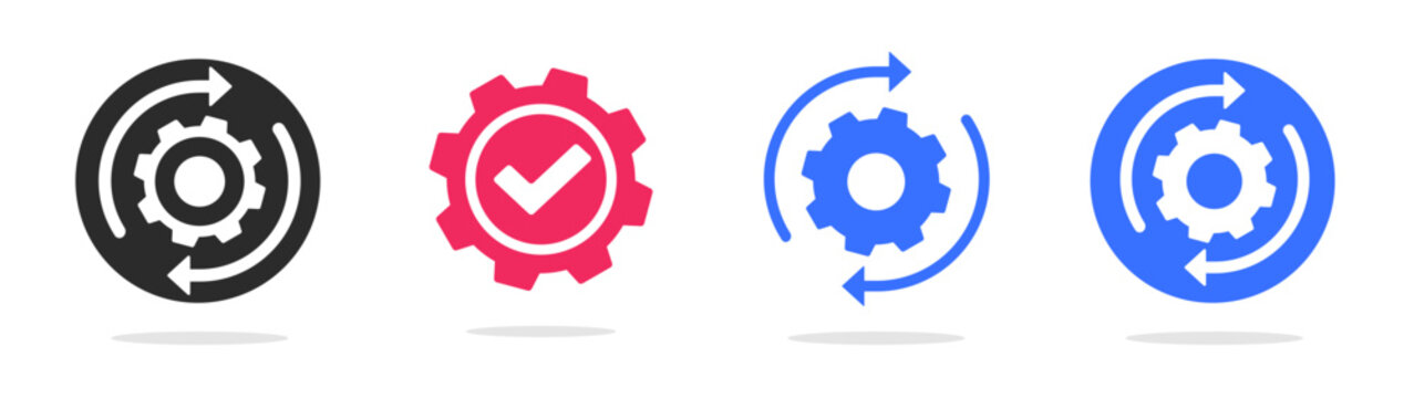 Gear cogwheel check mark icon as maintenance vector graphic simple pictogram set, blue red black turning rotating procedure arrows, automation symbol, execute ui ux design image clip art