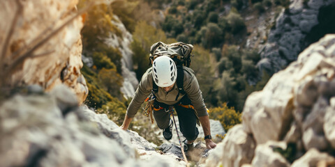 A climber scales a steep rocky mountain face, showcasing the challenging and exhilarating nature of rock climbing.
