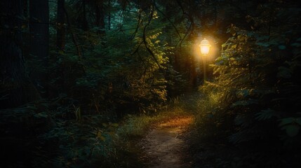Obraz premium Spooky forest path lit by a street lamp at night, casting eerie shadows among the trees, creating a magical ambiance perfect for a twilight adventure