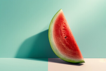 A single, juicy watermelon wedge, glistening with sunlight, rests on a cool, pastel background. Perfect for summer vibes, refreshing drinks, and healthy eating.