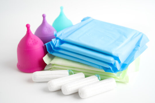 Sanitary pad napkin, tampon and menstruation cup for woman hygiene protect menstruation cycle.