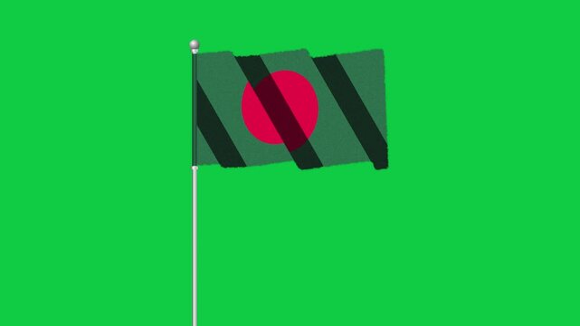 4K BANGLADESH flag old animation with pole waving on chroma key green screen 

