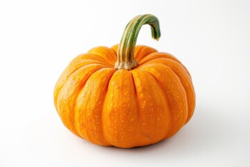 A small orange pumpkin with a green stem, isolated on white background