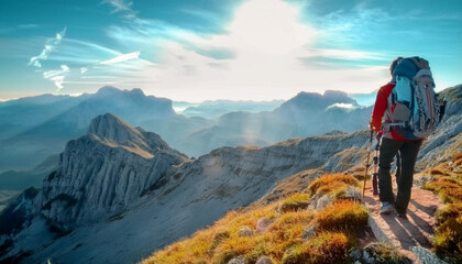 Fototapeta premium Mountain Hiking in the Early Morning Light, Showcasing a Scenic Trail with Freshly Illuminated Peaks and Misty Valleys, Capturing the Serenity and Beauty of Dawn in the Rugged Mountain Landscape