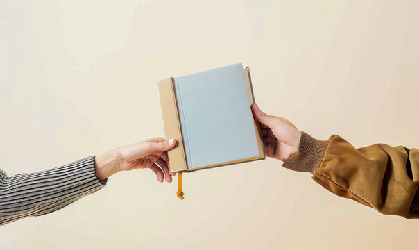 Two hands exchanging a light blue book