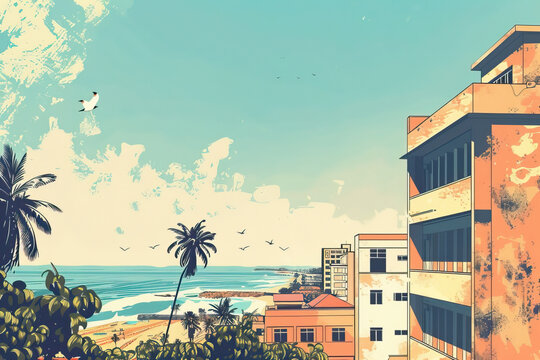 Risograph halftone riso print travel poster, card, wallpaper or banner illustration, modern, isolated, clear, simple of Malabo, Equatorial Guinea. Artistic, screen printing, graphic design
