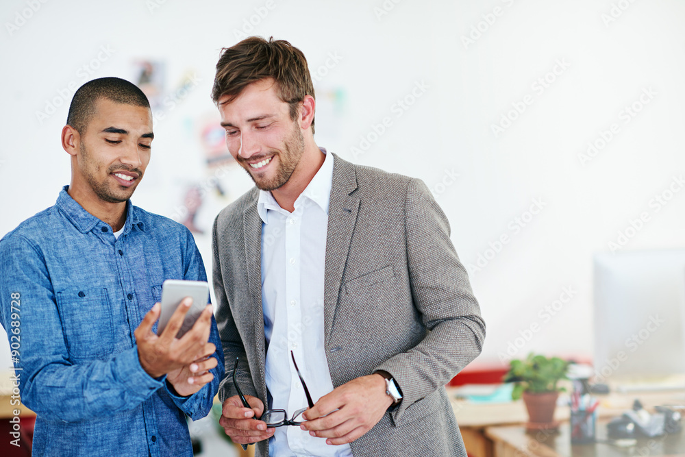 Poster business people, phone and happy with teamwork, collaboration or meeting for website design. b2b emp