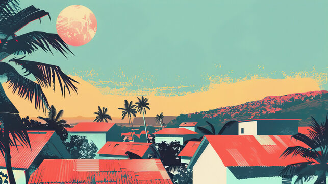 Risograph halftone riso print travel poster, card, wallpaper or banner illustration, modern, isolated, clear, simple of Malabo, Equatorial Guinea. Artistic, screen printing, graphic design