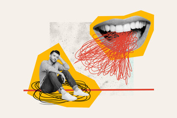 Composite collage image of tired man hater comment listen big mouth talking fantasy billboard...