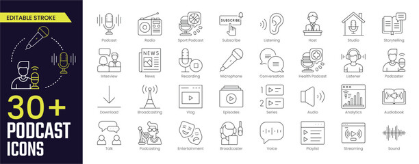 Podcast Stroke icon collections. Containing studio microphone, Podcast, Microphone, Conversation, Podcaster, Audiobook and more. Stroke icon collection Outline icon.