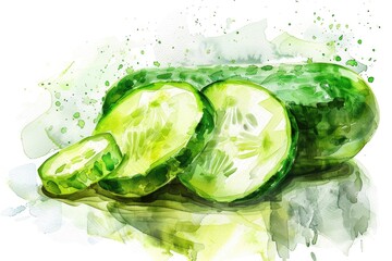Fresh Sliced Cucumbers Watercolor Illustration on White Background