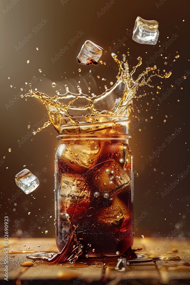 Wall mural A glass of soda with ice cubes in it is splashing out of a jar