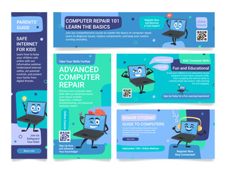 Computer learn and repair guide educational class poster design template set isometric vector