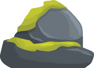 Large grey rock formation with bright green moss growing on it