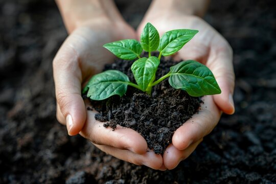Farmer's hands holding a young eco plant in the soil