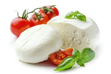 Hand Drawn Mozzarella Cheese with Fresh Basil and Tomatoes, Illustration on White Background