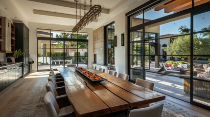 A modern dining room with a long wooden table