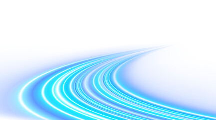 Blue and white high speed lines. Dynamic motion light trails on white background.