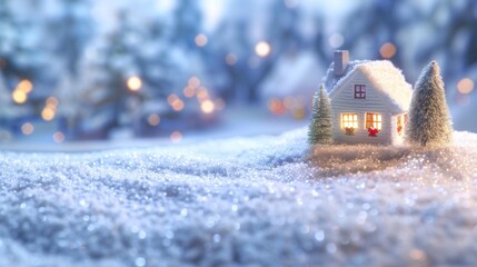 Christmas house in winter snowy forest. Xmas banner and poster. Snow-covered miniature house with warm lights, surrounded by snow and decorated trees, creating a magical winter night scene