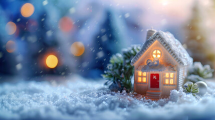 Christmas house in winter snowy forest. Xmas banner and poster. Snow-covered miniature house with warm lights, surrounded by snow and decorated trees, creating a magical winter night scene