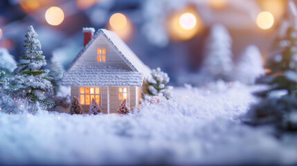 Christmas house in winter snowy forest. Xmas banner and poster. Snow-covered miniature house with warm lights, surrounded by snow and decorated trees, creating a magical winter night scene