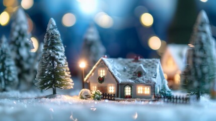 Christmas house in winter snowy forest. Xmas banner and poster. Snow-covered miniature house with warm lights, surrounded by snow and decorated trees, creating a magical winter night scene
