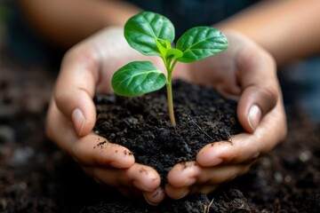 Farmer's hands holding a young eco plant in the soil