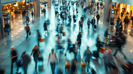 Obraz premium Crowded airport terminal with travelers rushing to catch flights