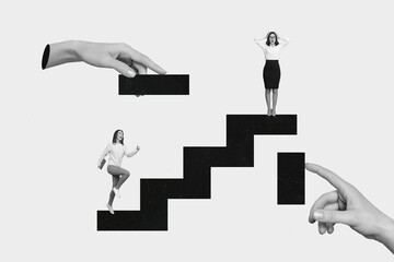 Composite collage image of black white two businesswoman climb career ladder geometric figures unusual fantasy billboard comics zine