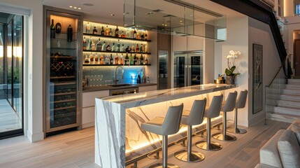 A modern home bar with a marble countertop