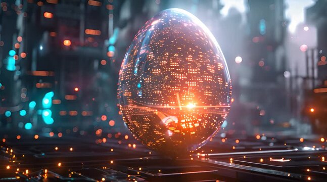 3D digital hologram of an Easter egg surrounded by binary code and glowing lights.