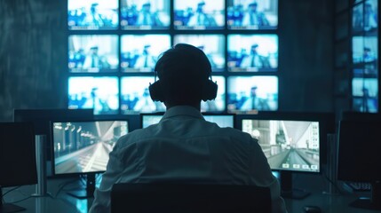 Fototapeta premium Security personnel monitoring surveillance cameras in an airport control room