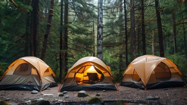 Three tents stand close together in the middle of a dense and lush forest.
