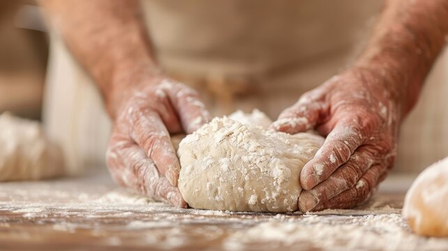Hands skillfully shaping dough on a flour-covered table, showcasing the timeless art of baking and the intricate craftsmanship that goes into making delicious food by hand.