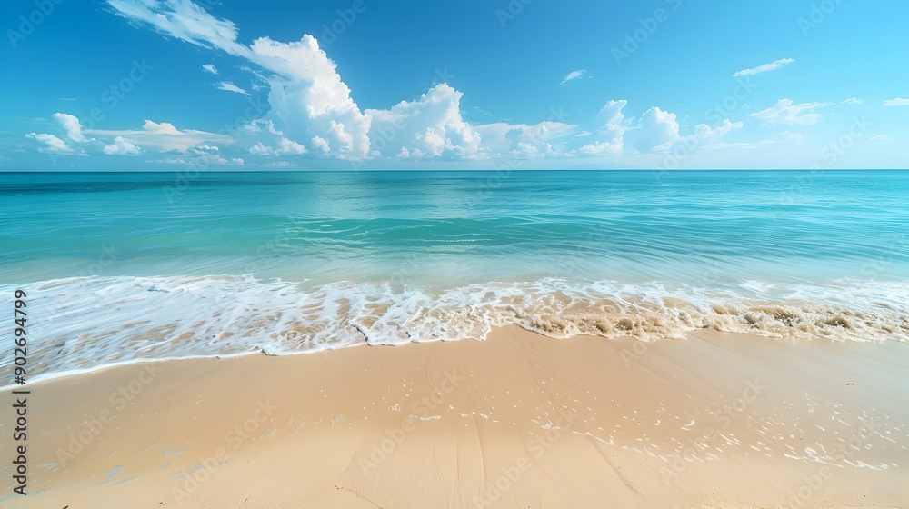 Sticker Pristine Beach with Fine White Sand Gentle Waves and Clear Blue Skies Landscape Concept