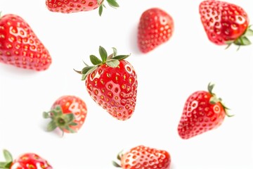 Fresh Red Strawberries Falling on a White Background
