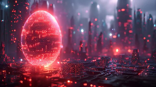 3D digital hologram of an Easter egg surrounded by binary code and glowing lights.