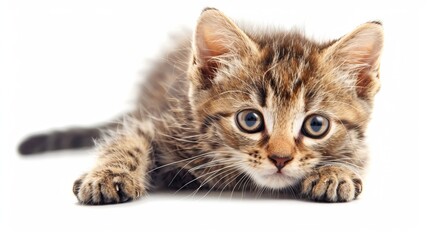 Obraz premium A small brown kitten isolated on a white background. The kitten has a soft, fluffy coat and a curious, playful demeanor, making it a charming focal point against the clean, white backdrop.