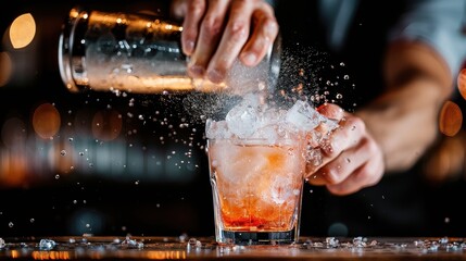 Amidst a lively bar scene, a bartender is in the process of making a cocktail, with ice and liquid energetically splashing out of the glass, showcasing precision and vibrancy.
