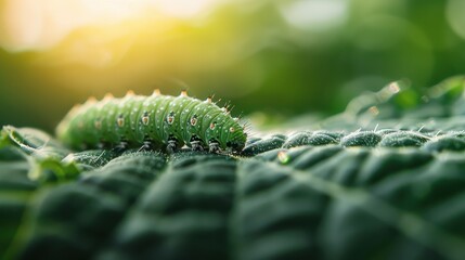 Naklejka premium A green caterpillar crawling on a dew-covered leaf, beautifully captured in the soft, morning light. The detailed textures and delicate dewdrops emphasize the fragility of nature.