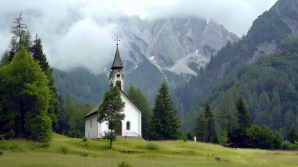 A quintessential Tyrolean church set against the backdrop of the majestic Dolomites.