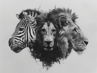 A Striking Artistic Representation of a Lion and Zebra in Monochrome