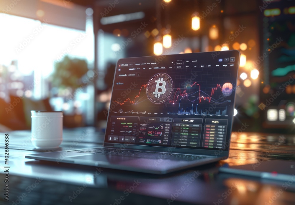 Aufkleber a laptop displaying a digital cryptocurrency chart with the bitcoin logo on a blurred office backgro
