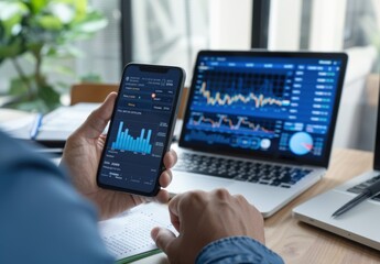 A man holding his phone with an animated graph of stock market trends floating above it, while sitting at a desk with a laptop and notebook in front of him on which he's taking notes.