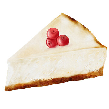 recommend clip art: Cheesecake drawing. Watercolor illustration of New York cheesecake with red berries on isolated white background. A piece of cottage cheese pie decorated with berries. Ideal for coffee shop, pastry