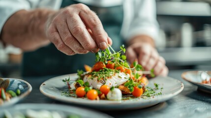 A chef in a kitchen garnishes a carefully plated dish with fresh herbs, adding a finishing touch to a well-composed, visually appealing meal, showing culinary precision.