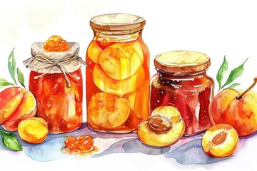 Handcrafted Apricot Confiture. Watercolor Illustration of Homemade Fruit Jelly Set on White Background