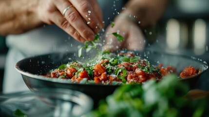 A skilled chef is adding seasoning and fresh herbs to a sizzling pan of food, creating an appetizing and aromatic dish that highlights the art of cooking and seasoning.