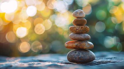 Obraz premium Stack of zen stones on a blurred background with bokeh