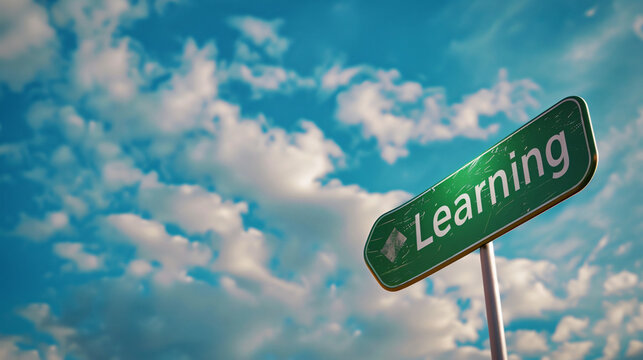Aged green road sign directing towards education under a sunny blue sky with fluffy white clouds